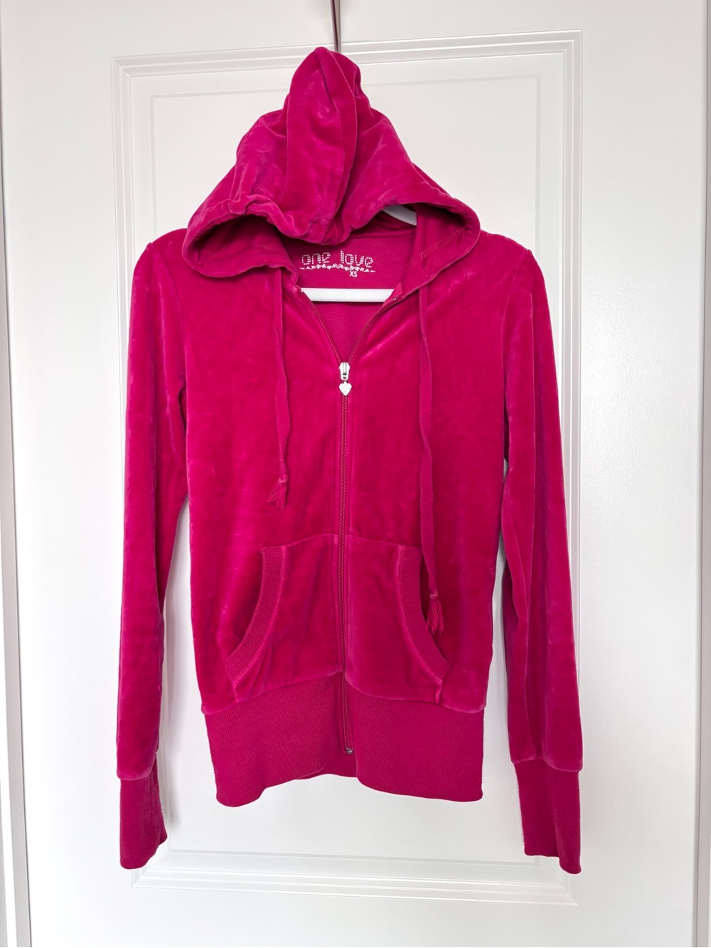 Vintage Y2K One Love Hot Pink Velour Rhinestone Hoodie Flare Pants Set Small XS - Picture 7 of 16